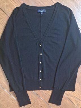 Caroll Paris Muxia Black V-Neck Cardigan Sweater Gold Buttons XS Relaxed France